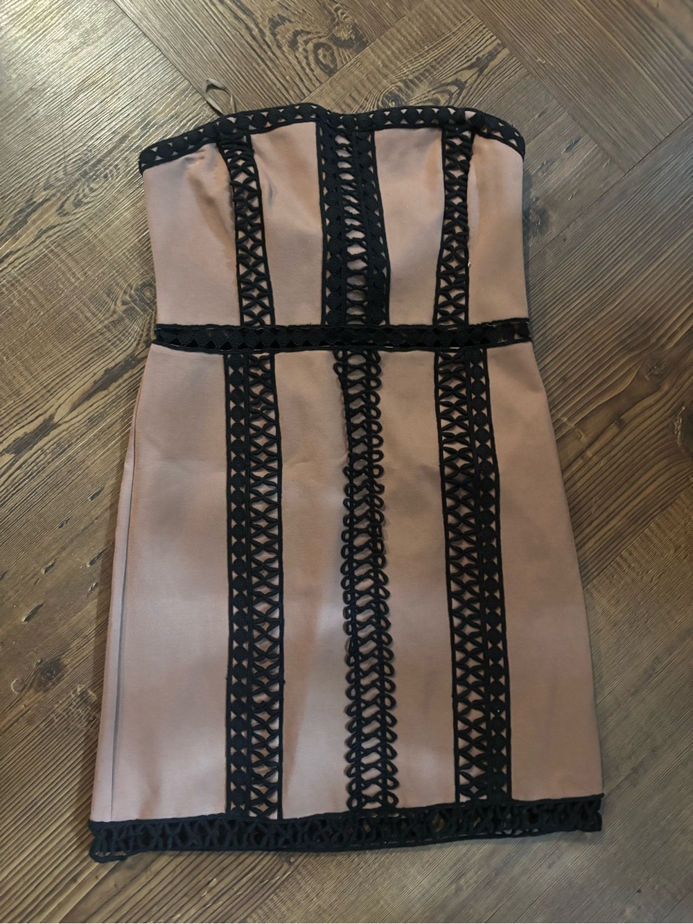 Strapless Blush Pink Dress with Black Lace Trim